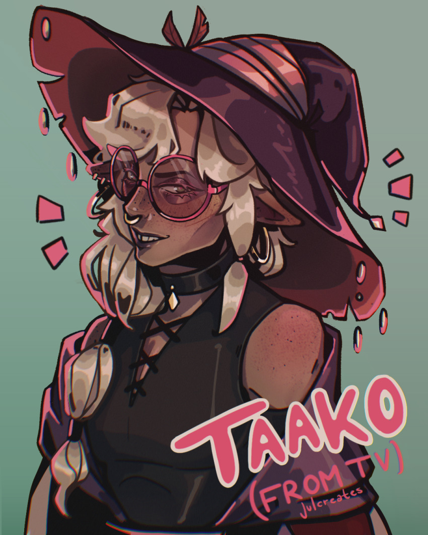 1boy, blonde_hair, choker, earrings, elf, eyelashes, freckles, grin