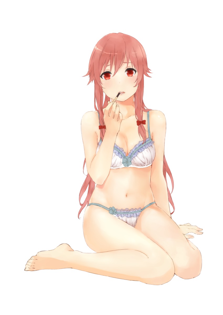 1girl, barefoot, bow, bra, breasts, cleavage, collarbone, eating, feet, female_focus, food, full_body, gasai_yuno, hair_bow, highres, kishida_nica, lingerie, long_hair, medium_breasts, mirai_nikki, navel, panties, pink_hair, pocky, red_eyes, sidelocks, simple_background, sitting, solo, underwear, underwear_only, wariza