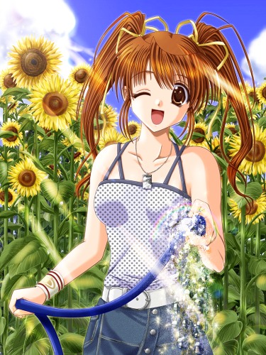 1girl, ;d, bad_id, belt, belt_buckle, blue_pants, brown_eyes, brown_hair