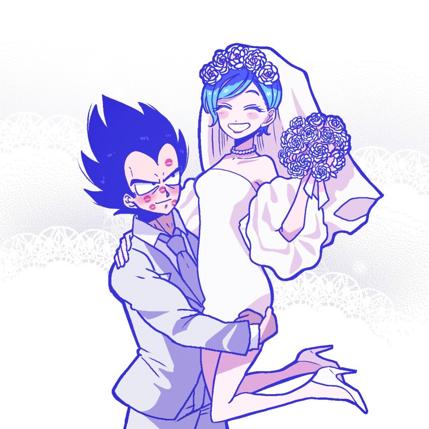 ^_^, absurdres, blue_hair, blue_outline, blush_stickers, bouquet, bridal_veil, bride