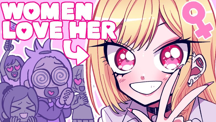 >_<, 5girls, barbell_piercing, black_choker, blonde_hair, choker, coke-bottle_glasses, commentary