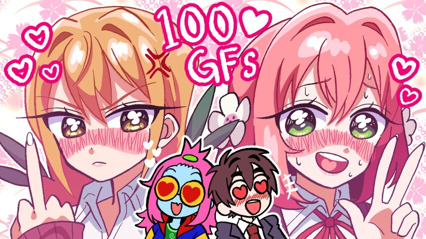 1boy, 3girls, :d, aijou_rentarou, anger_vein, blue_skin, blush, brown_eyes