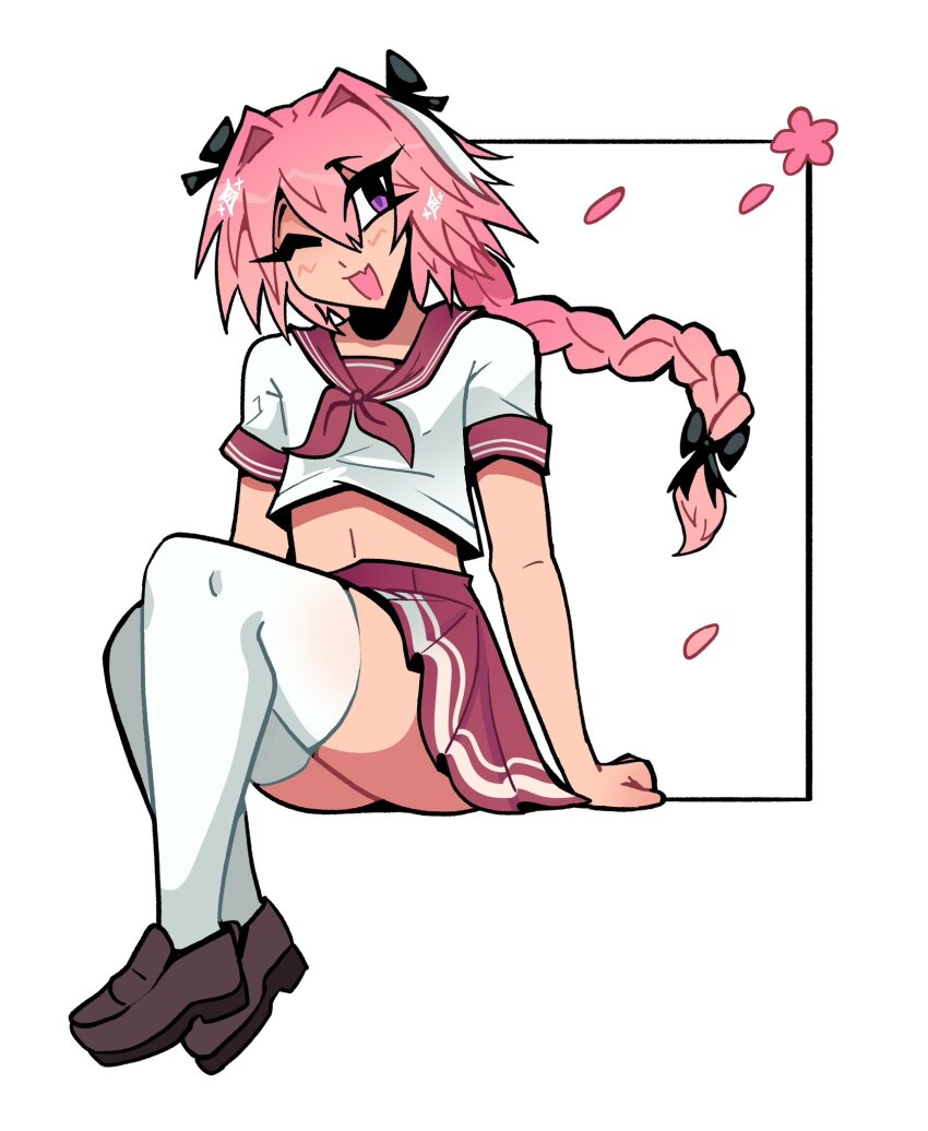 1boy, ;d, astolfo_(fate), astolfo_(sailor_paladin)_(fate), black_bow, blush, bow, braid, commentary, crop_top, crossdressing, crossdressing_(mtf), english_commentary, fang, fate/grand_order, fate_(series), hair_bow, hair_intakes, highres, long_hair, looking_to_the_side, male_focus, midriff, official_alternate_costume, one_eye_closed, open_mouth, pink_hair, purple_eyes, red_skirt, sailor_collar, sammy_jam, school_uniform, serafuku, shirt, single_braid, sitting, skin_fang, skirt, smile, solo, thighhighs, trap, white_shirt, white_thighhighs