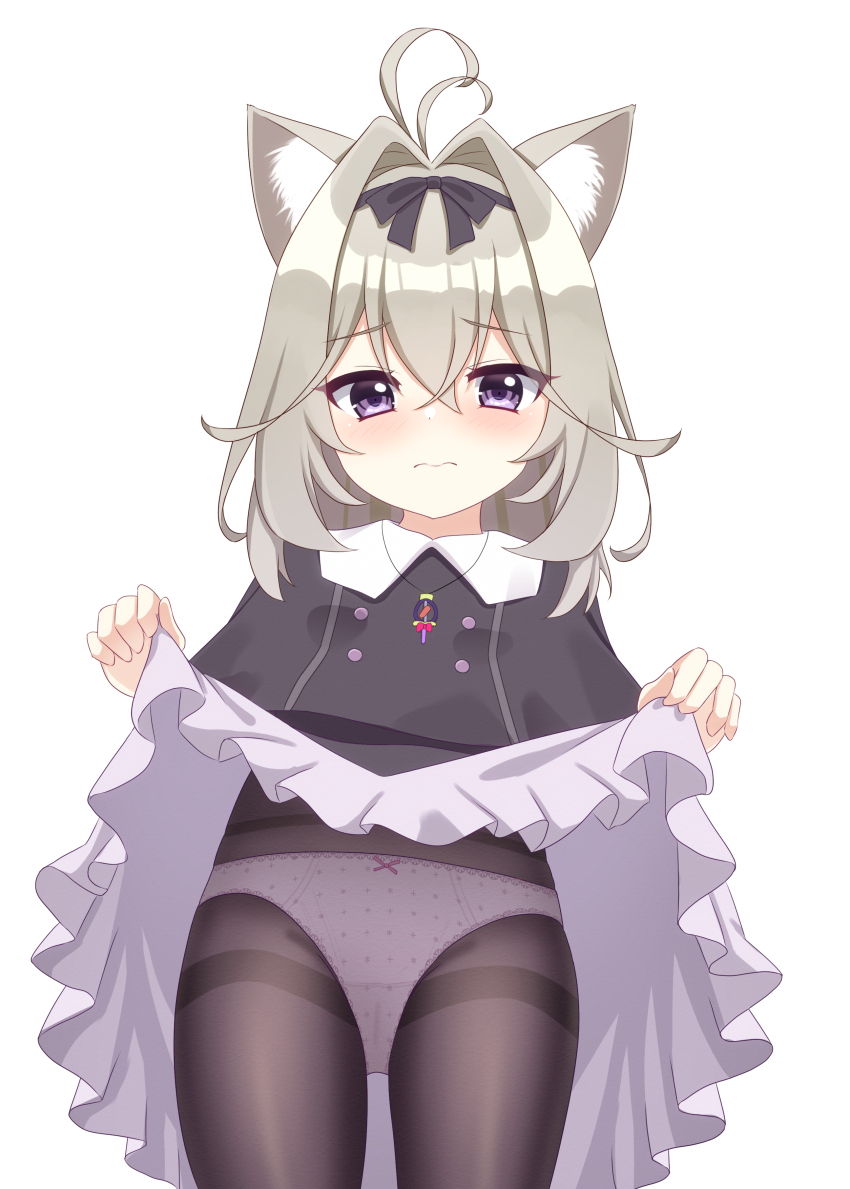 1girl, absurdres, animal_ears, antenna_hair, black_dress, blush, bow, bow_panties, cat_ears, closed_mouth, clothes_lift, cool_squid398, dress, dress_lift, frilled_dress, frills, frown, hair_intakes, highres, jewelry, kemonomimi_mode, lifting_own_clothes, loli, looking_at_viewer, medium_hair, meitantei_precure!, moria_luluka, necklace, panties, panties_under_pantyhose, pantyhose, polka_dot, polka_dot_panties, precure, purple_eyes, simple_background, solo, standing, thighband_pantyhose, underwear, white_background