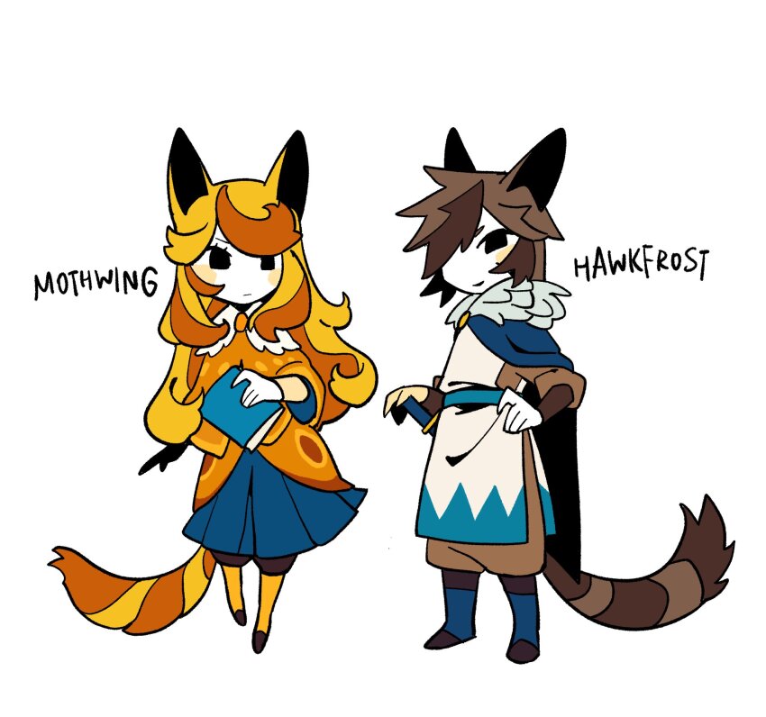 1boy, 1girl, animal_ears, blonde_hair, blue_capelet, blush_stickers, book, boots, brooch, brother_and_sister, brown_hair, brown_pants, capelet, cat_boy, cat_ears, cat_girl, cat_tail, character_name, chinese_commentary, commentary_request, deformed, dress, flat_color, full_body, fur-trimmed_capelet, fur_trim, hair_over_one_eye, hawkfrost, highres, holding, holding_book, jewelry, long_hair, looking_at_viewer, mothwing, orange_capelet, orange_dress, pants, personification, rehtaef, short_hair, siblings, simple_background, sword, tail, the_new_prophecy, tunic, very_long_hair, warrior_cats, weapon, white_background, white_tunic