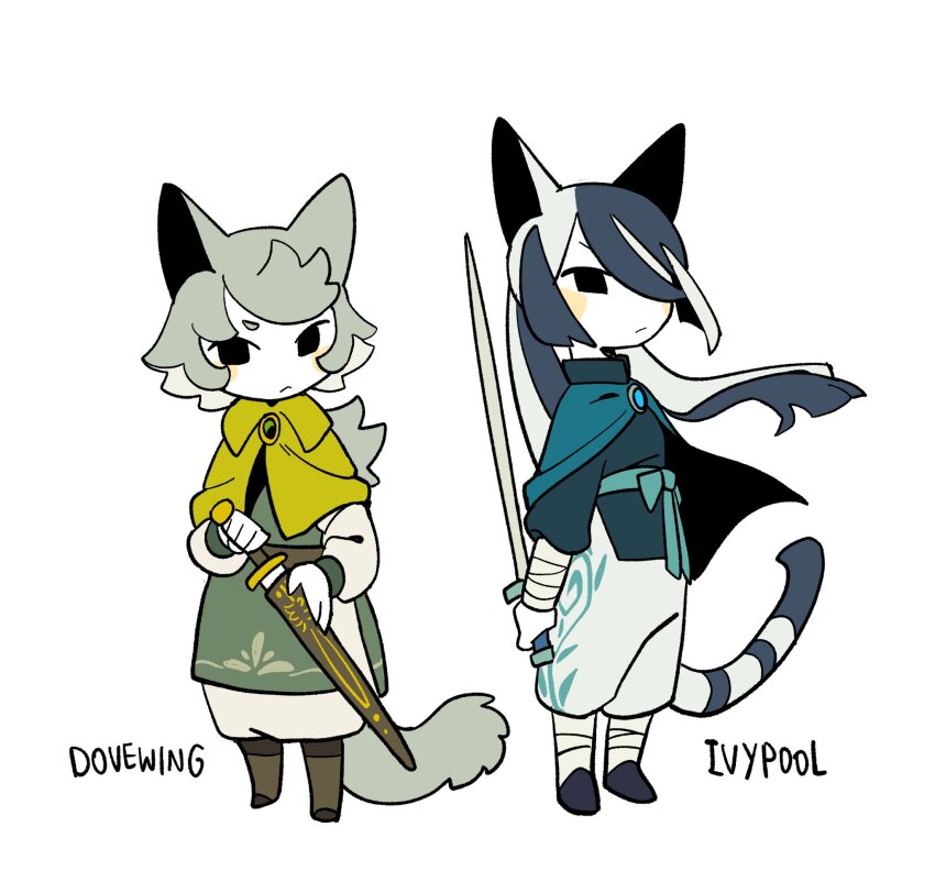 2girls, animal_ears, blue_capelet, blue_hair, blue_tunic, blush_stickers, brooch, capelet