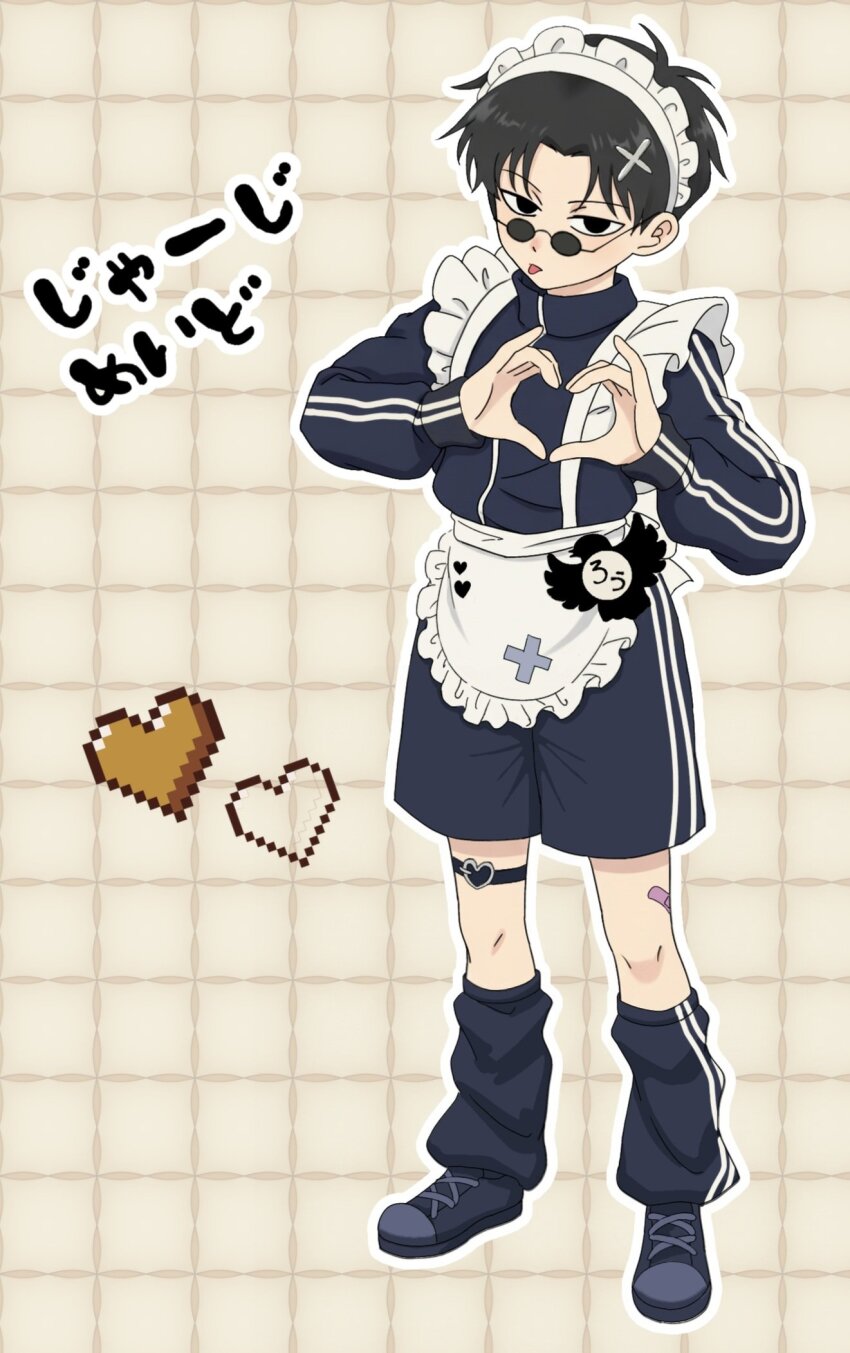 1boy, :p, apron, bandaid, bandaid_on_leg, black_eyes, black_hair, black_jacket