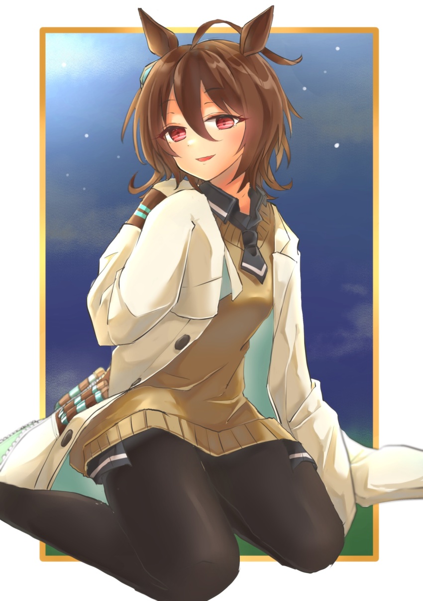 1girl, agnes_tachyon_(tach-nology)_(umamusume), agnes_tachyon_(umamusume), ahoge, animal_ears, black_necktie, black_pantyhose, blush