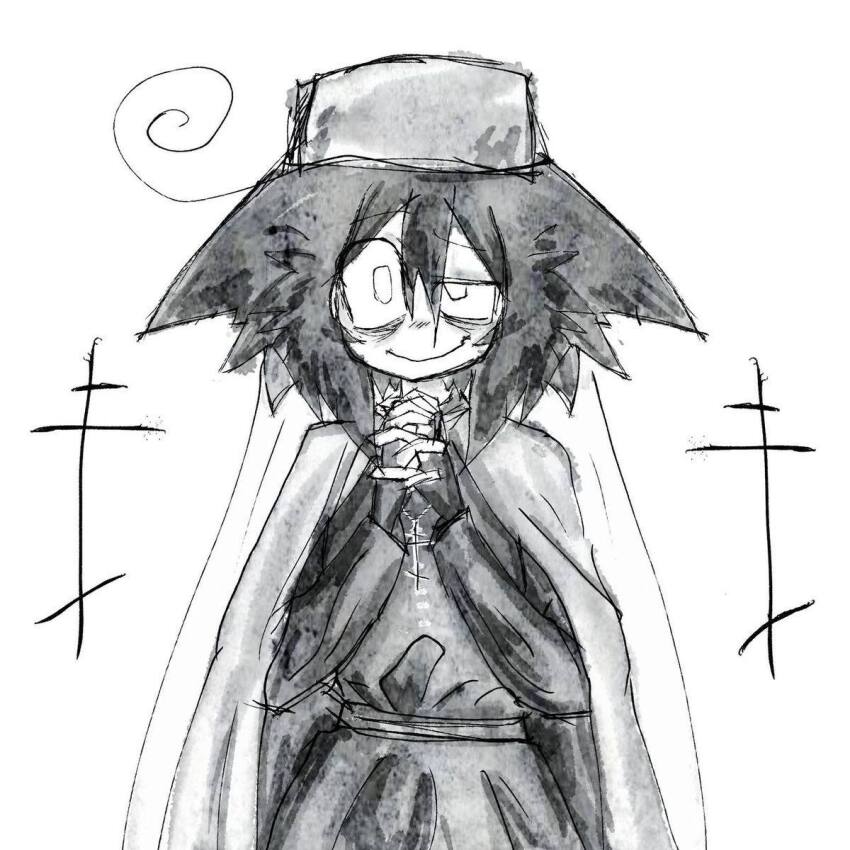 1boy, ahoge, biob0t, cape, christianity, closed_mouth, cross, cross_necklace, greyscale, hair_between_eyes, highres, jewelry, looking_at_viewer, male_focus, monochrome, necklace, necro_morselli_(biob0t), original, orthodox_cross, own_hands_together, priest, simple_background, smile, solo, standing, upper_body, veil, white_background, white_cape, white_veil
