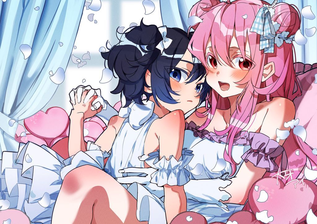 2girls, blue_eyes, blue_hair, colored_eyelashes, curtains, double_bun, dress, gloves