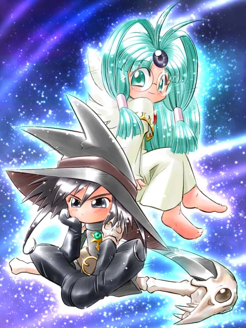 2girls, angel_and_devil, angel_wings, aqua_eyes, aqua_hair, artist_name, bad_id, barefoot