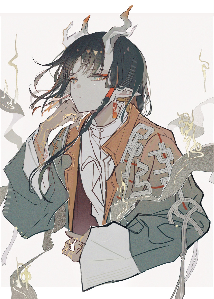 1girl, absurdres, arknights, black_hair, brown_hands, chinese_clothes, chinese_commentary, closed_mouth