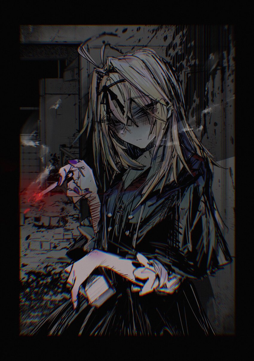 1girl, antenna_hair, black_border, black_capelet, blonde_hair, border, capelet, cigarette