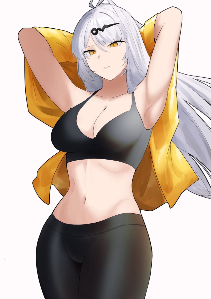 1girl, ahoge, alternate_costume, armpits, arms_behind_head, arms_up, black_pants, black_sports_bra