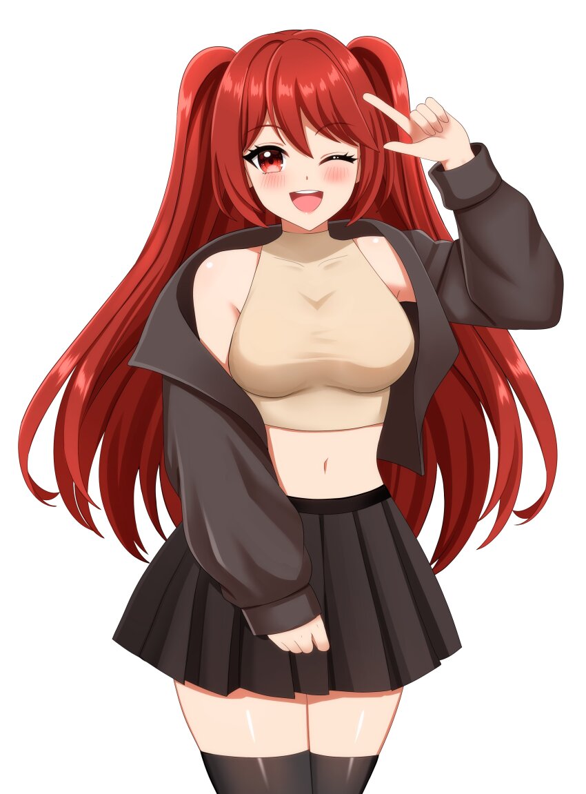 1girl, ;d, absurdres, black_jacket, black_skirt, blush, commission, crop_top, fiverr_commission, hair_between_eyes, hand_up, highres, indie_virtual_youtuber, jacket, jacket_partially_removed, l_hand, long_hair, looking_at_viewer, marry_(vtuber), midriff, navel, one_eye_closed, open_mouth, red_eyes, red_hair, rizuchi, second-party_source, skirt, smile, solo, standing, teeth, two_side_up, upper_teeth_only, very_long_hair, virtual_youtuber, white_background