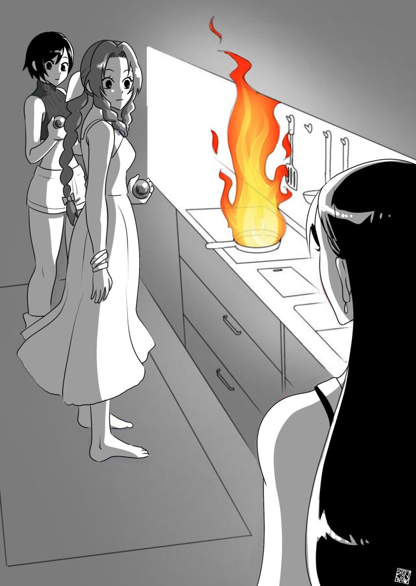 3girls, aerith_gainsborough, artist_name, barefoot, black_hair, braid, braided_ponytail, breasts