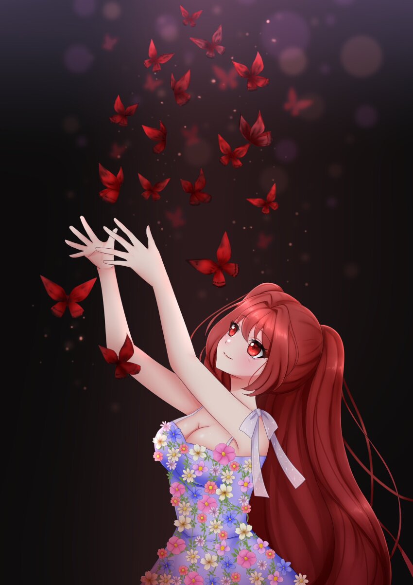 1girl, arms_up, black_background, blush, breasts, bug, butterfly, cleavage