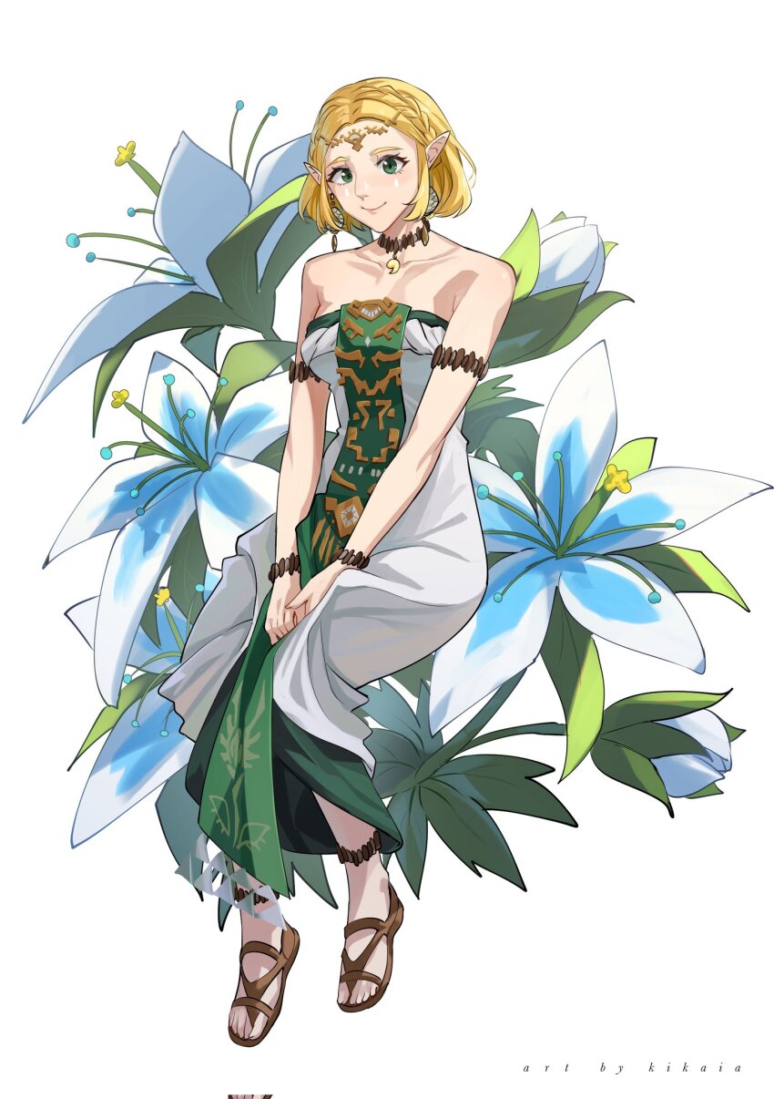 1girl, artist_name, bare_shoulders, bead_armlet, bead_bracelet, beads, blonde_hair, blue_flower