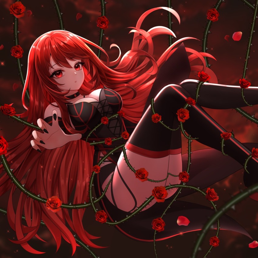 1girl, black_choker, black_nails, black_thighhighs, breasts, choker, cleavage, commission