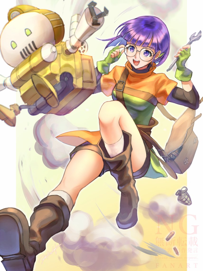 1girl, another_eden, ashtear_(another_eden), bag, black_shirt, black_shorts, blunt_bangs, boots, border, breasts, brown_bag, brown_boots, explosive, fingerless_gloves, full_body, gloves, gradient_background, green_gloves, grenade, hanada_nadako, hashtag-only_commentary, holding, holding_wrench, korobo_(another_eden), medium_breasts, midair, open_mouth, pillarboxed, purple_eyes, purple_hair, robot, shirt, short_hair, shorts, shoulder_bag, smile, socks, solo, teeth, tunic, upper_teeth_only, white_border, white_socks, wrench, yellow_background