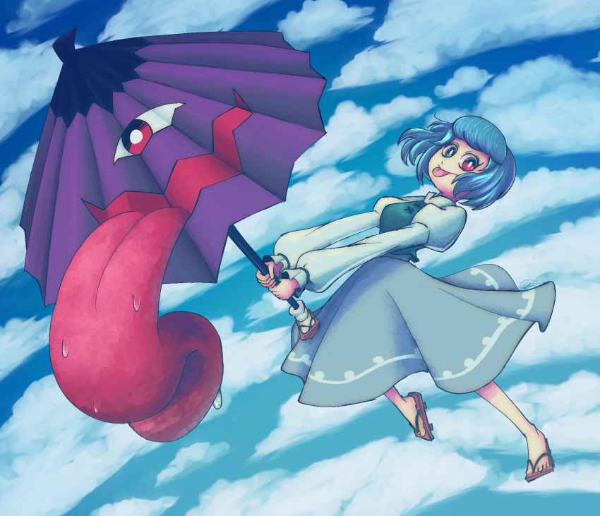 1girl, :p, aqua_skirt, aqua_vest, blue_eyes, blue_hair, blue_sky, bright_pupils