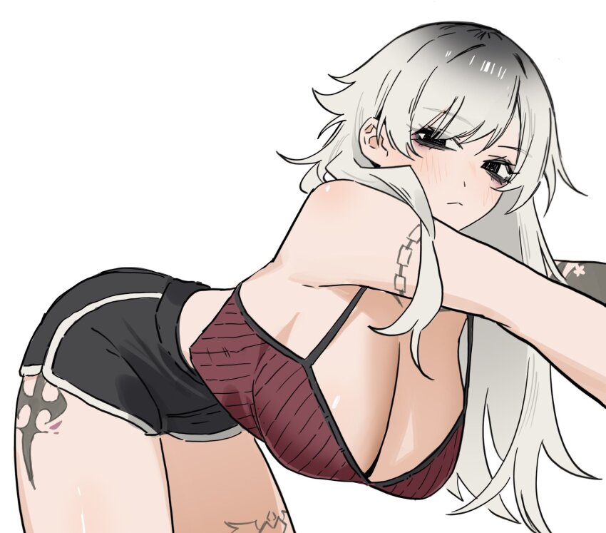 1girl, arm_tattoo, basket, bent_over, black_eyes, black_shorts, blush, breasts, chest_tattoo, cleavage, closed_mouth, commentary, crop_top, dolphin_shorts, english_commentary, gradient_hair, grey_hair, highres, jyuri_(shouz), large_breasts, leg_tattoo, long_hair, looking_at_viewer, multicolored_hair, neck_tattoo, original, pants, parted_bangs, piercing, ribbed_tank_top, shorts, shouz, simple_background, smile, solo, tank_top, tattoo, untranslatable_commentary, white_background