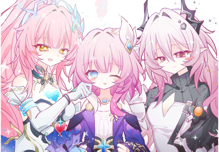 3girls, aemeath_(wuthering_waves), arknights, black_horns, blue_eyes, blush, breasts, chinese_commentary