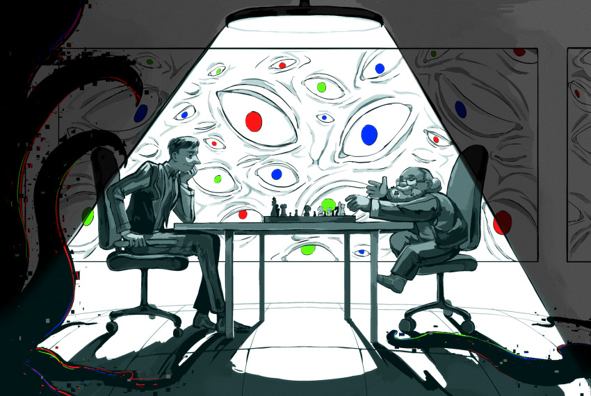 2boys, balding, beard, board_game, chair, chess, chess_piece, commentary, dwarf, english_commentary, facial_hair, formal_clothes, hair_bun, highres, horror_(theme), jacket, john_(the_adventure_zone), male_focus, merle_highchurch, multiple_boys, old, old_man, on_chair, pants, scene_reference, shoes, short_hair, sitting, smile, spotlight, suit, table, tentacles, the_adventure_zone, very-small-giant