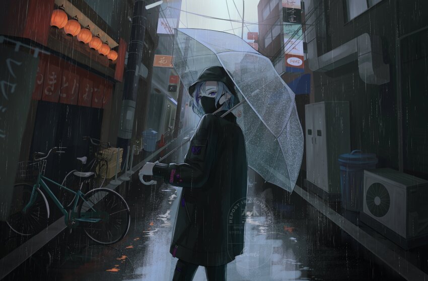 1boy, absurdres, bicycle, black_hat, black_jacket, black_mask, black_pants, bucket_hat