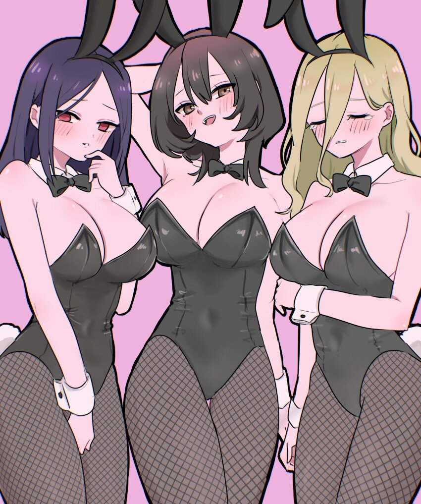 3girls, :d, alternate_costume, animal_ear_hairband, animal_ears, arm_at_side, arm_behind_head, arm_under_breasts, arm_up, armpit_crease, between_legs, black_bow, black_bowtie, black_hair, black_hairband, black_leotard, black_pantyhose, blonde_hair, blush, bonnouji_momoha, bow, bowtie, breasts, brown_eyes, cleavage, closed_eyes, collarbone, commentary, covered_navel, detached_collar, double-parted_bangs, embarrassed, fake_animal_ears, female_focus, fishnet_pantyhose, fishnets, hair_between_eyes, hairband, hand_between_legs, highres, kimi_no_koto_ga_dai_dai_dai_dai_daisuki_na_100-nin_no_kanojo, kuchiha_chiru3, large_breasts, leotard, long_hair, long_hair_between_eyes, looking_at_viewer, medium_hair, morikita_kimari, multiple_girls, open_mouth, pantyhose, parted_bangs, pink_background, playboy_bunny, rabbit_ears, rabbit_tail, red_eyes, simple_background, smile, strapless, strapless_leotard, tail, teacher, tearing_up, thigh_gap, trait_connection, wrist_cuffs, yamato_nadeshiko_(hyakkano)
