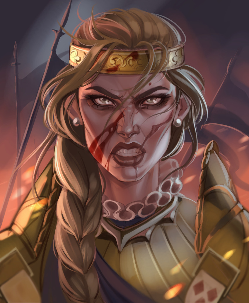 1girl, absurdres, armor, artnaven, blonde_hair, blood, blood_on_face, braid, clenched_teeth, commentary, embers, english_commentary, highres, long_hair, looking_at_viewer, meve_(the_witcher), portrait, solo, teeth, the_witcher_(series), thronebreaker:_the_witcher_tales