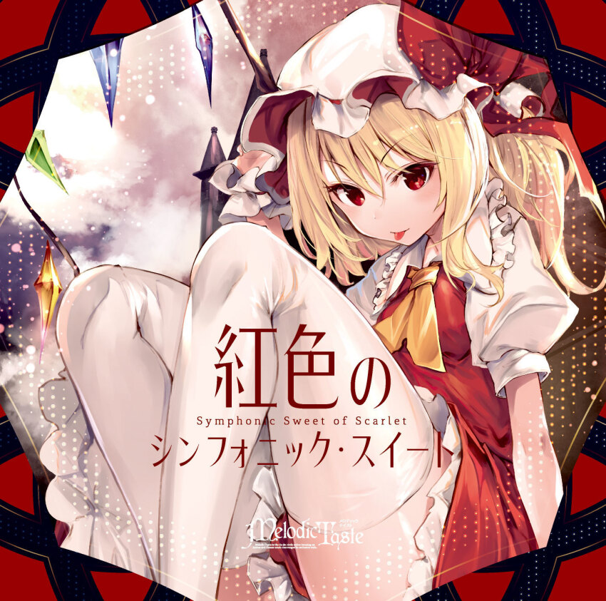 1girl, :p, album_cover, ascot, bilingual_text, blonde_hair, blush, bow