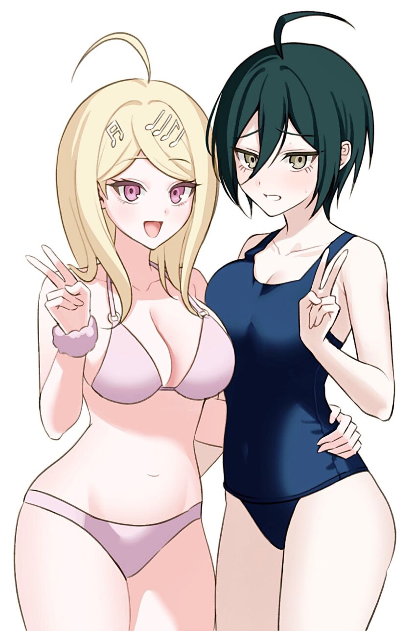 2girls, ahoge, akamatsu_kaede, alternate_costume, bikini, black_hair, blonde_hair, blue_one-piece_swimsuit