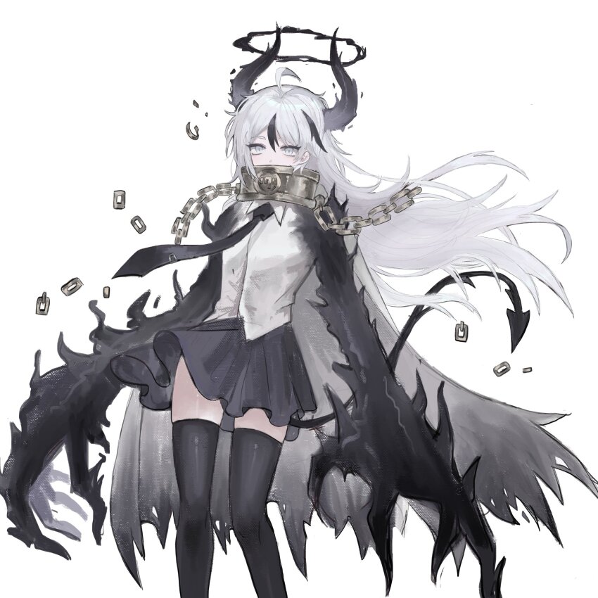 1boy, ahoge, alternate_hairstyle, black_claws, black_halo, black_necktie, black_skirt, black_streaks