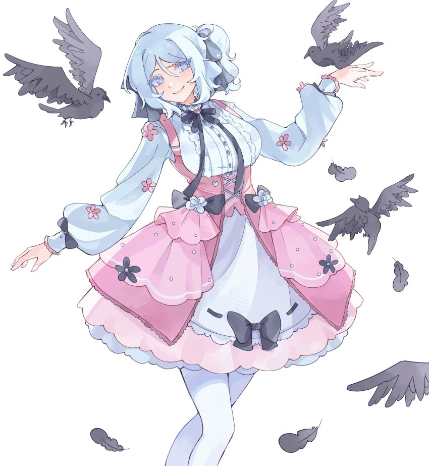 1girl, absurdres, animal, beads, bird, black_bow, black_feathers, black_flower, black_ribbon, blue_eyes, bow, breasts, brooch, buttons, center_frills, closed_mouth, commentary, crow, dress, dress_bow, dress_flower, english_commentary, faust_(project_moon), feathers, feet_out_of_frame, flower, frilled_dress, frilled_shirt_collar, frills, hair_bow, hand_up, heart, heart_brooch, highres, jewelry, kyuncat, limbus_company, long_sleeves, lovely_and_guileful_faust_(project_moon), medium_breasts, medium_dress, multiple_hair_bows, neck_ribbon, pantyhose, pinafore_dress, pink_dress, pink_flower, project_moon, puffy_long_sleeves, puffy_sleeves, ribbon, shirt, side_ponytail, sidelocks, sleeveless, sleeveless_dress, smile, solo, white_hair, white_pantyhose, white_shirt