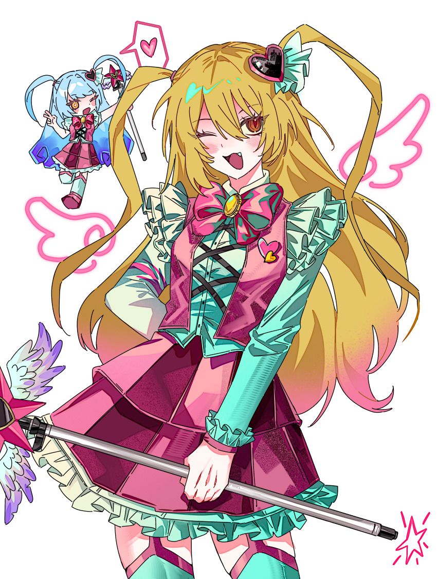 2girls, :d, absurdres, arm_behind_back, blonde_hair, blue_hair, blush_stickers, bow