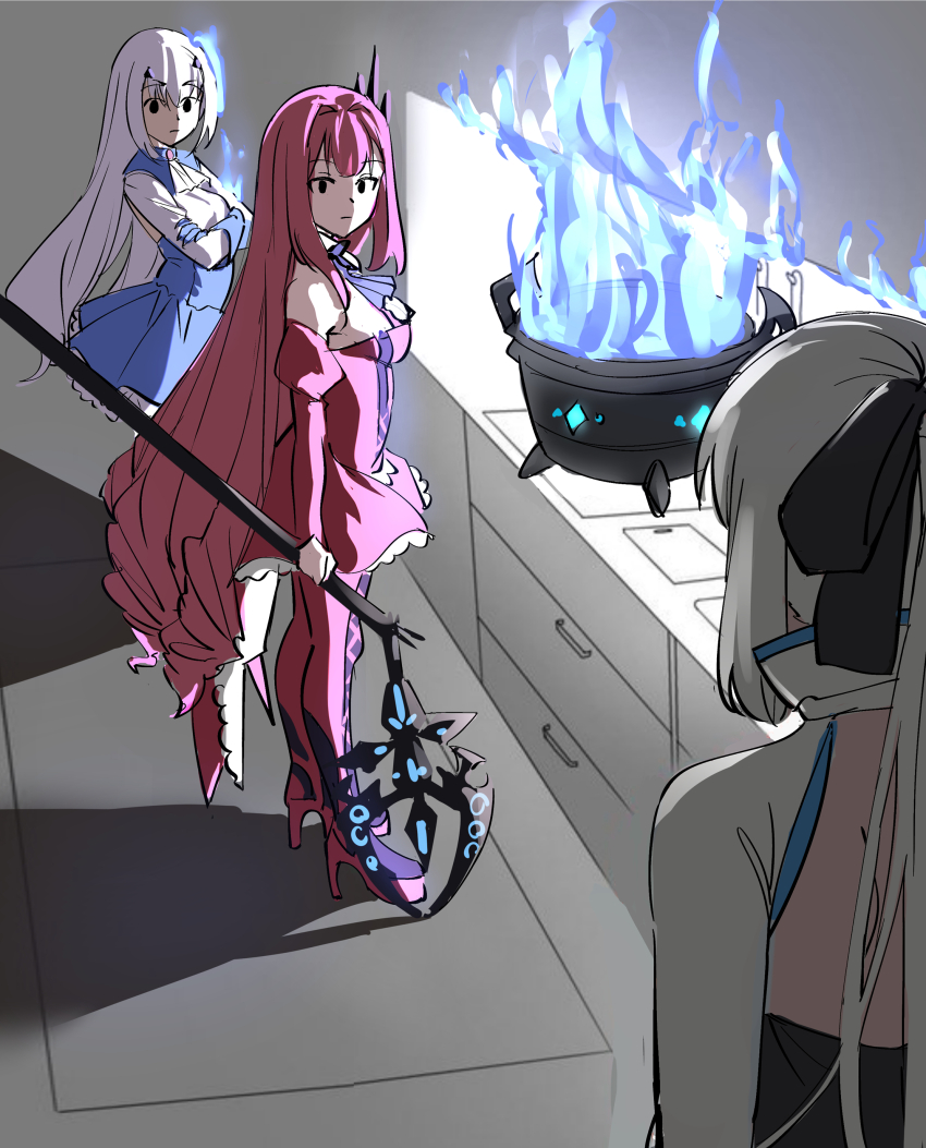 3girls, absurdres, adoptive_parent_and_adoptive_child, baobhan_sith_(fate), baobhan_sith_(first_ascension)_(fate), blue_fire, breasts, chocolate_making_disaster_(meme)