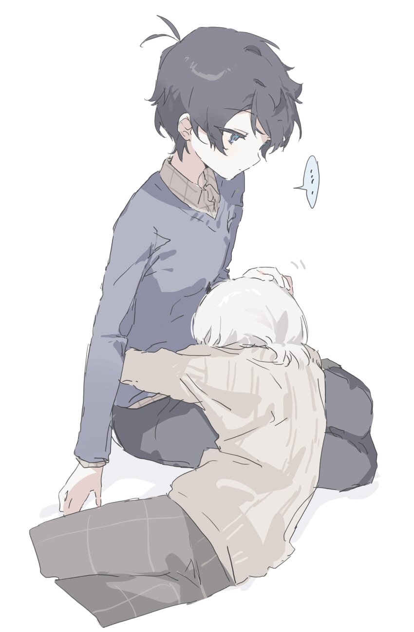 ..., 2boys, absurdres, akinashi_haru, black_hair, black_pants, blue_eyes, blue_sweater