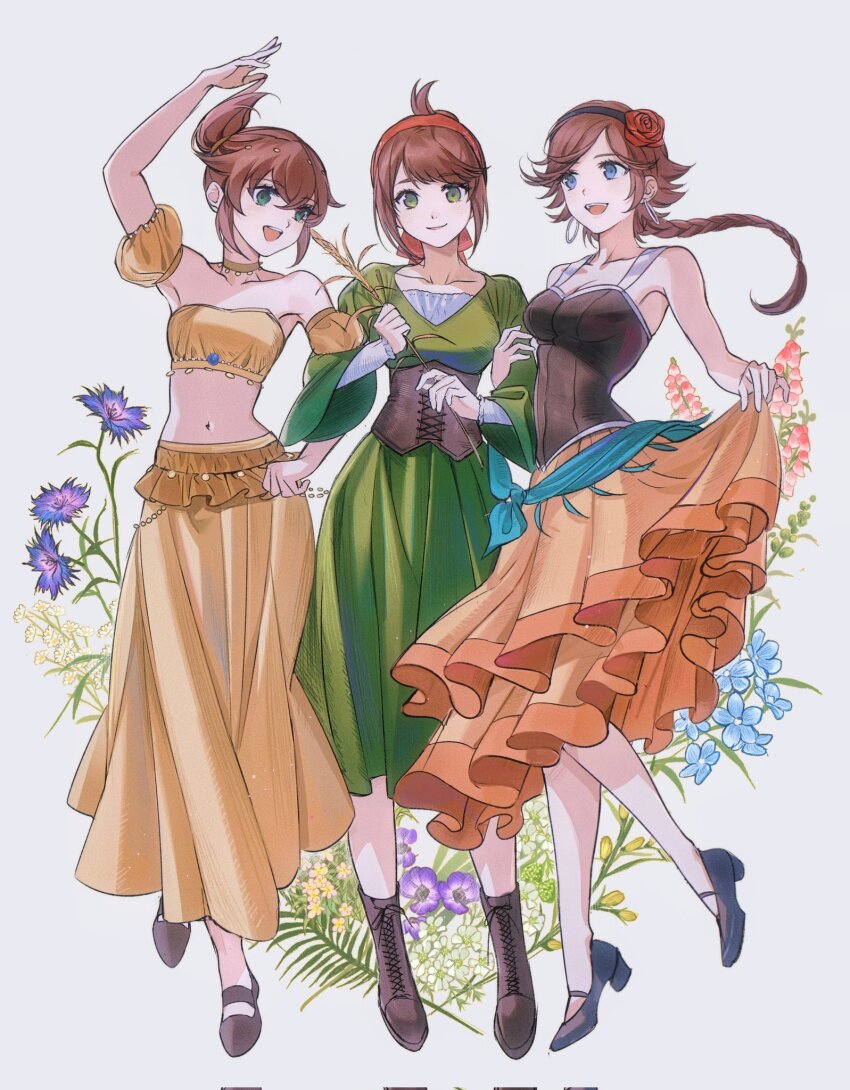 3girls, agnea_bristarni, arm_up, black_boots, black_corset, black_shoes, blue_eyes, boots, braid, brown_hair, choker, commentary_request, corset, detached_sleeves, dress, earrings, flower, full_body, green_dress, green_eyes, hair_flower, hair_ornament, hairband, highres, jewelry, ketaku0404, long_hair, long_skirt, long_sleeves, looking_at_viewer, multiple_girls, octopath_traveler, octopath_traveler:_champions_of_the_continent, octopath_traveler_0, octopath_traveler_i, octopath_traveler_ii, open_mouth, orange_skirt, red_flower, red_hairband, rose, shoes, sidelocks, single_braid, skirt, sleeveless, smile, standing, stia_(octopath_traveler), tressa_colzione, updo, yellow_choker, yellow_skirt