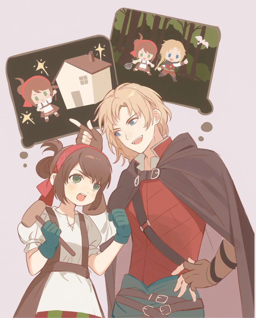 1boy, 1girl, belt, black_belt, black_cloak, blonde_hair, blue_eyes, brown_gloves