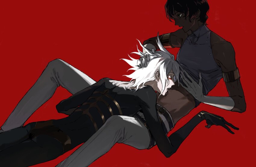 2boys, arjuna_(fate), armlet, asian_indian_clothes, between_legs, biting, black_eyes, black_hair