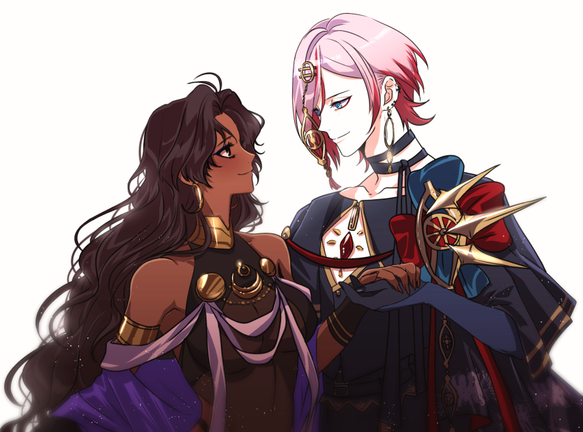 1boy, 1girl, arjuna_(celebratory_attire)_(fate), arjuna_(fate), armlet, blue_eyes, blue_eyeshadow, brown_eyes, brown_hair, chest_jewel, commentary_request, dark-skinned_female, dark_skin, earrings, eyeshadow, eyeshadow_under_eye, fate/grand_order, fate_(series), genderswap, genderswap_(mtf), hair_ornament, halterneck, highres, holding_hands, hoop_earrings, jewelry, karna_(celebratory_attire)_(fate), karna_(fate), long_hair, looking_at_another, makeup, multicolored_hair, multiple_earrings, pink_hair, red_eyeshadow, red_hair, shawl, short_hair, simple_background, smile, tgktgkfgo, two-tone_hair, upper_body, white_background