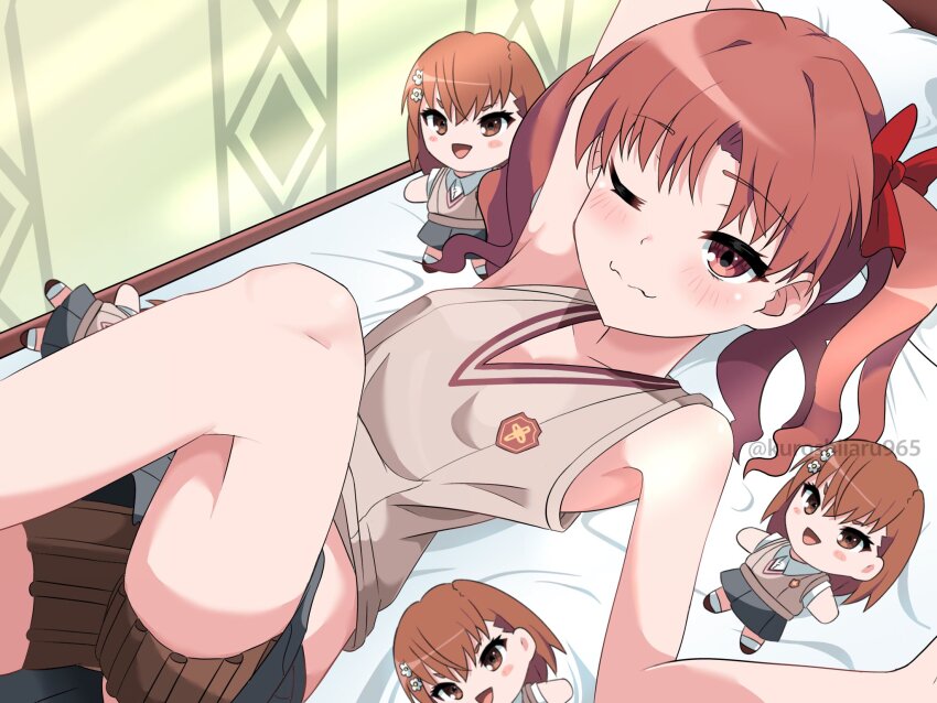 1girl, ;3, arm_behind_head, armpits, bow, breasts, brown_eyes, brown_hair, brown_sweater_vest, character_doll, commentary_request, doll, grey_skirt, hair_bow, highres, holster, indoors, kuroshiiaru, long_hair, lying, miniskirt, misaka_mikoto, no_shirt, on_back, on_bed, one_eye_closed, pleated_skirt, red_bow, school_emblem, school_uniform, shirai_kuroko, skirt, small_breasts, smile, solo, summer_uniform, sweater_vest, thigh_holster, toaru_kagaku_no_railgun, toaru_majutsu_no_index, tokiwadai_school_uniform, twintails, twitter_username, v-neck
