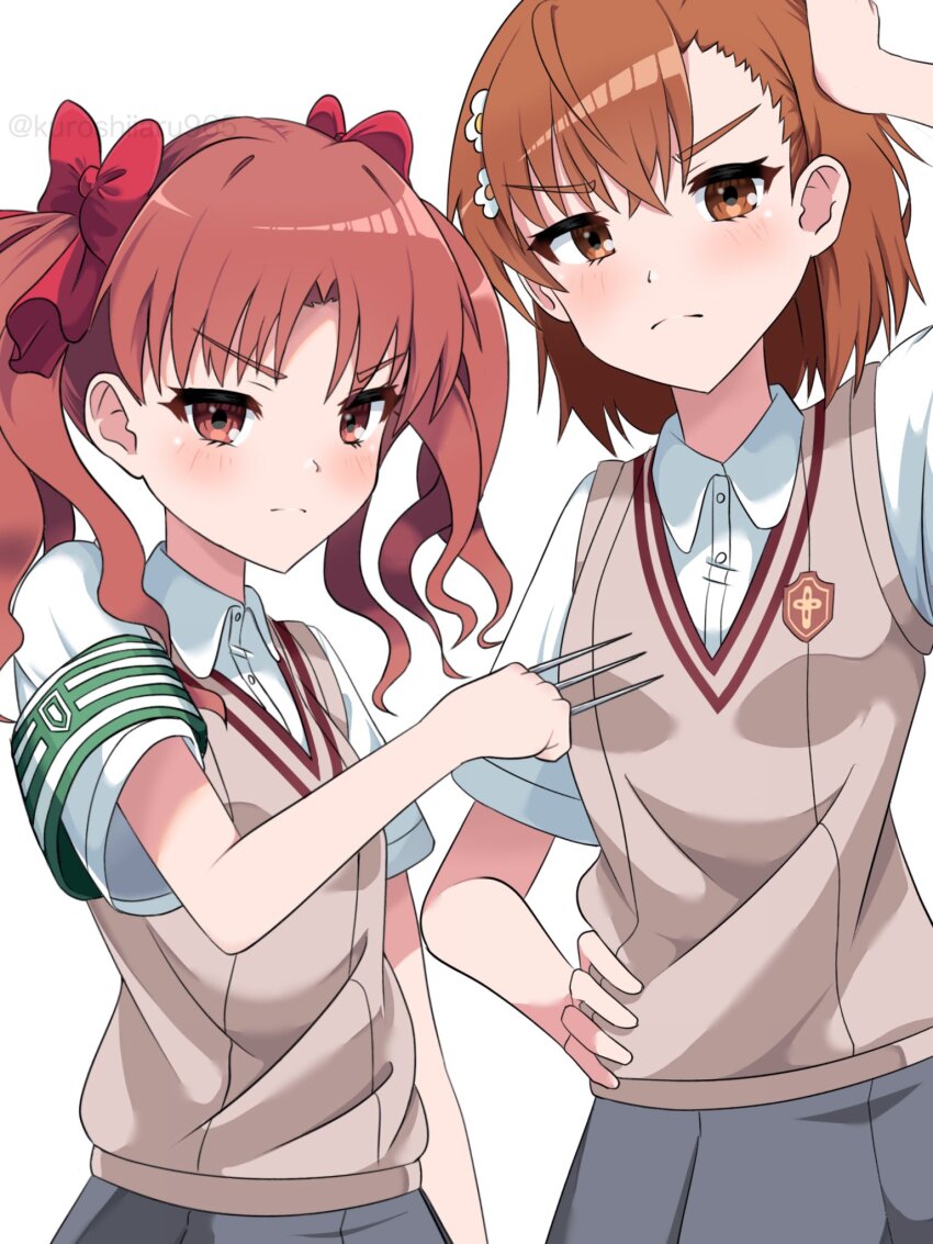 2girls, between_fingers, bow, brown_eyes, brown_hair, brown_sweater_vest, closed_mouth, collared_shirt