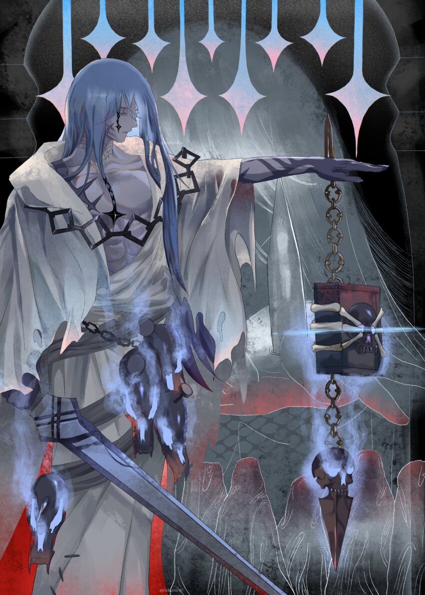 1boy, azrael_(grand_assassin)_(fate), bags_under_eyes, blue_fire, blue_hair, book, chain, closed_eyes