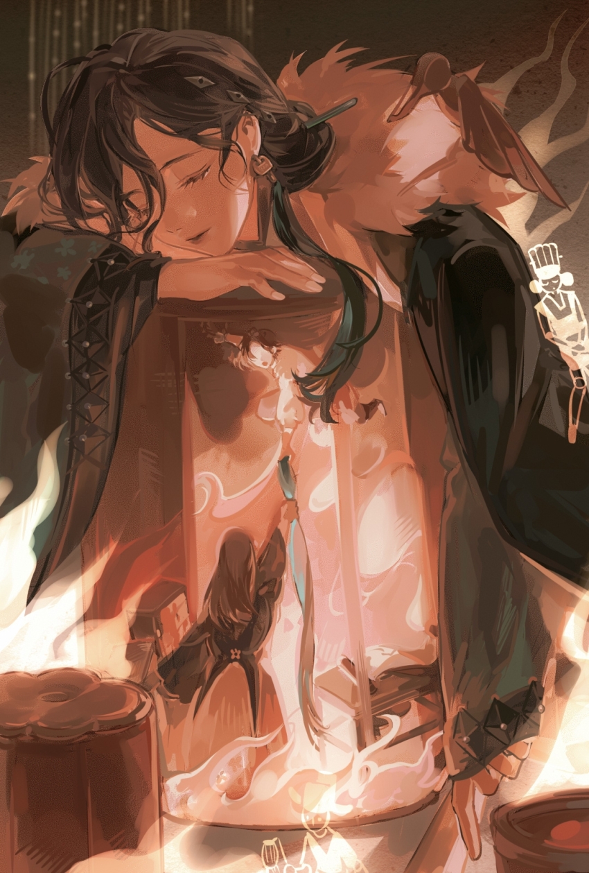 3girls, black_hair, brown_theme, chinese_clothes, chinese_commentary, closed_eyes, closed_mouth, commentary_request