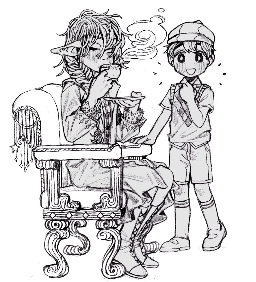 2boys, androgynous, angus_mcdonald, blush, boots, braid, chair, child, cup, design_speculation, drinking, elf, fantasy, hat, highres, long_hair, long_pointy_ears, male_focus, multiple_boys, pointy_ears, shorts, sitting, smile, steam, taako_(the_adventure_zone), teacup, the_adventure_zone, ubuuugreenie