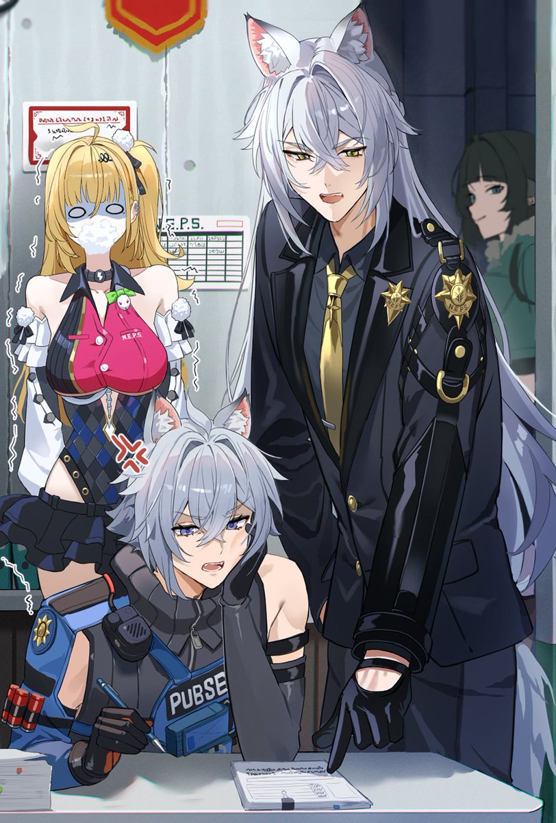 2boys, 2girls, ahoge, anger_vein, animal_ear_fluff, animal_ears, bare_shoulders, black_gloves