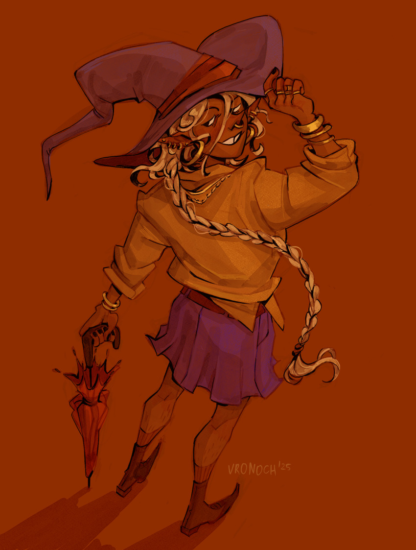 1boy, bangle, blonde_hair, bracelet, braid, braided_ponytail, commentary, crossdressing, crossdressing_(mtf), dark-skinned_male, dark_skin, design_speculation, elf, english_commentary, girly_boy, grin, hat, highres, holding, holding_umbrella, jewelry, long_hair, male_focus, pointy_ears, pointy_nose, ring, septum_piercing, skirt, smile, taako_(the_adventure_zone), the_adventure_zone, tooth_gap, umbrella, very_long_hair, vronoch, witch_hat