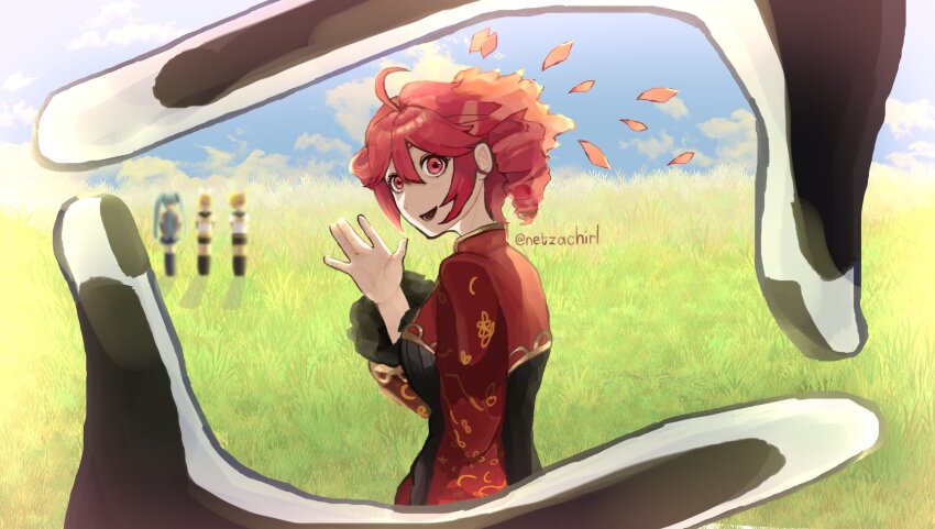 1boy, 1other, 3girls, :d, ahoge, alternate_costume, aqua_hair, artist_name, black_dress, black_skirt, blonde_hair, character_request, check_character, china_dress, chinese_clothes, cloud, commentary, cosplay, dress, drill_hair, english_commentary, from_behind, gold_trim, grass, hatsune_miku, highres, jia_xichun_(project_moon), jia_xichun_(project_moon)_(cosplay), kagamine_len, kagamine_rin, kasane_teto, limbus_company, looking_at_viewer, multiple_girls, netzachirl, open_mouth, petals, project_moon, red_eyes, red_petals, red_shrug, shrug_(clothing), skirt, sky, smile, standing, vocaloid, waving